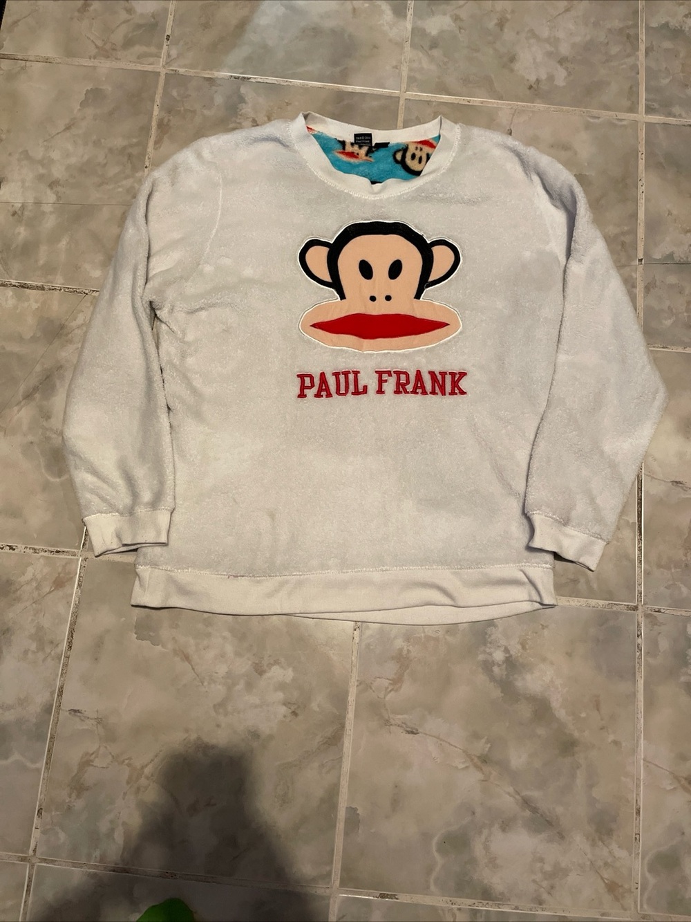 Paul Frank Julius The Monkey Fuzzy White Graphic Sweatshirt SZ L
